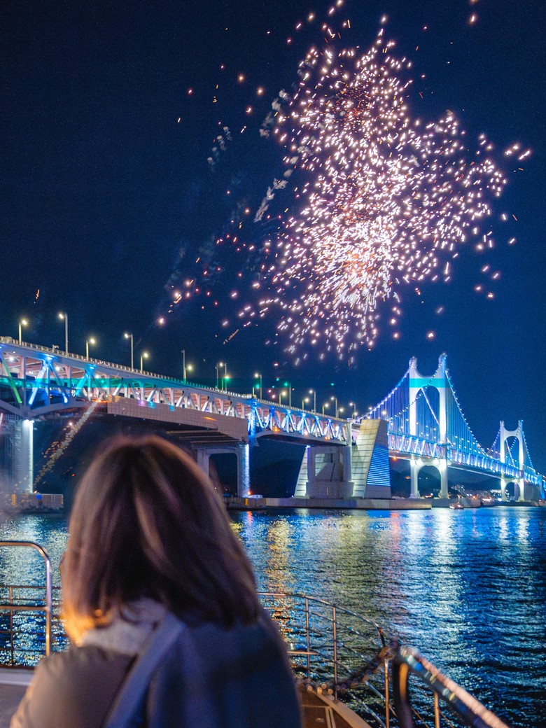 Guests watching fireworks burst above Gwangan Bridge
