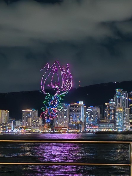 A flower drawn in the night sky with drones