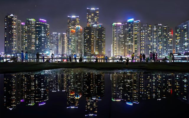 The high-rise towers of Marine City lit up