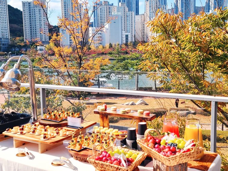 A catering buffet set up at the venue