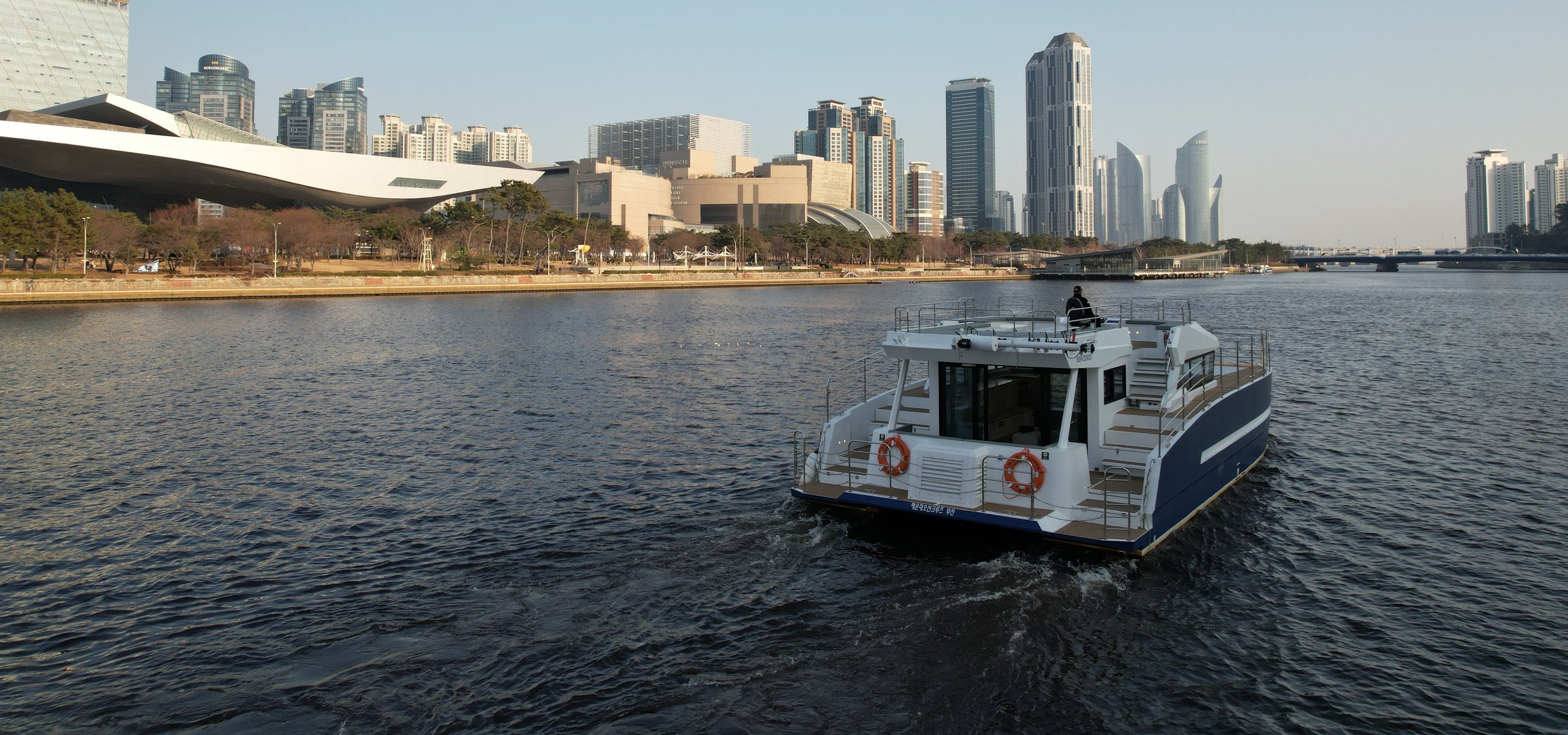 Haeundae River Cruise sailing the Busan sea on a clear day