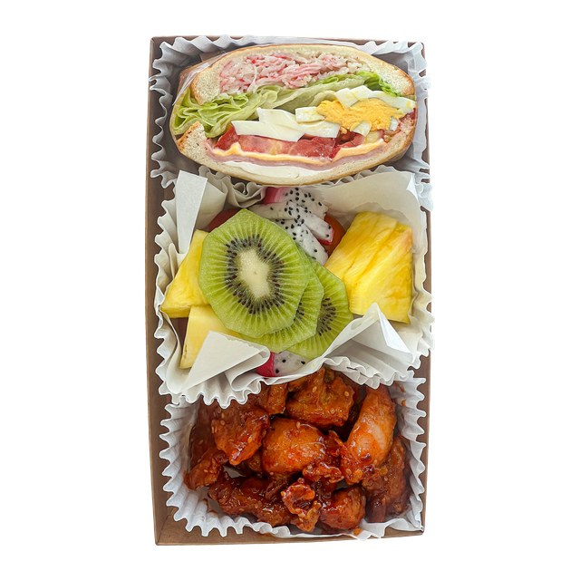 Sandwich + seasonal fruit + glazed crispy chicken