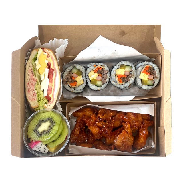 Sandwich + seasonal fruit + gimbap + glazed crispy chicken