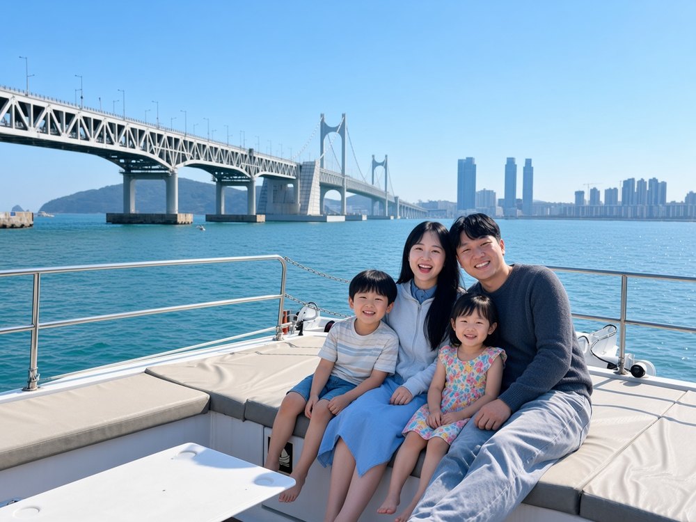 A family aboard the cruise with Gwangan Bridge behind